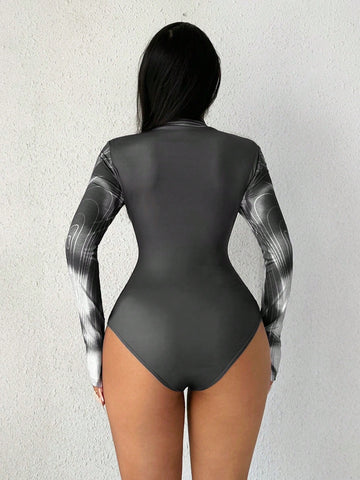 Sexy Clothing Club Valentine's Day Fashionista Thermal Print Long Sleeve Casual Women's Bodysuit, Street Style