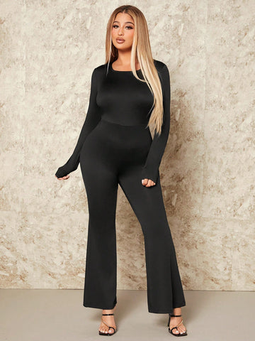 Clubwear Backless Black Long Sleeved Flared Jumpsuit