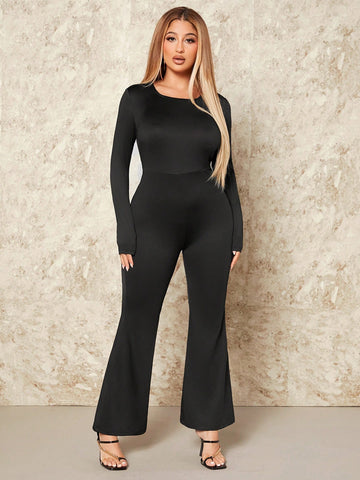 Clubwear Backless Black Long Sleeved Flared Jumpsuit