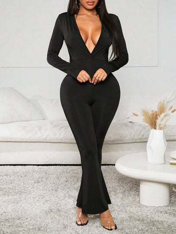 Sexy Clubwear Deep V-Neck Flare Pants Casual Long Trousers Women'S Jumpsuit