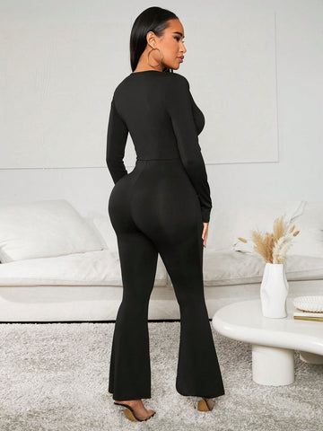 Sexy Clubwear Deep V-Neck Flare Pants Casual Long Trousers Women'S Jumpsuit