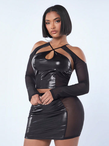 Sexy Clubwear Valentine'S Day New Year Women'S Outfit, Two Pieces Mesh Splicing Coating Hollow Out Cross Strap Backless Long Sleeve Mini Dress