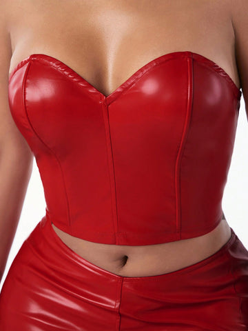 Sexy Corset Style Pu Leather Crop Top And Low Waist Mini Skirt Two Piece Set