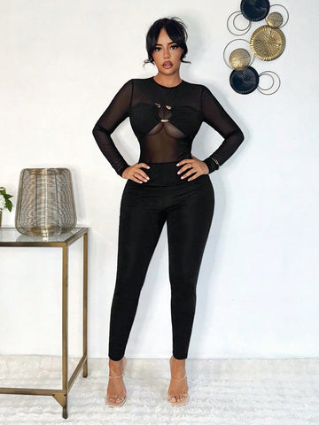 Sexy Elegant Lady See-Through Mesh Jumpsuit