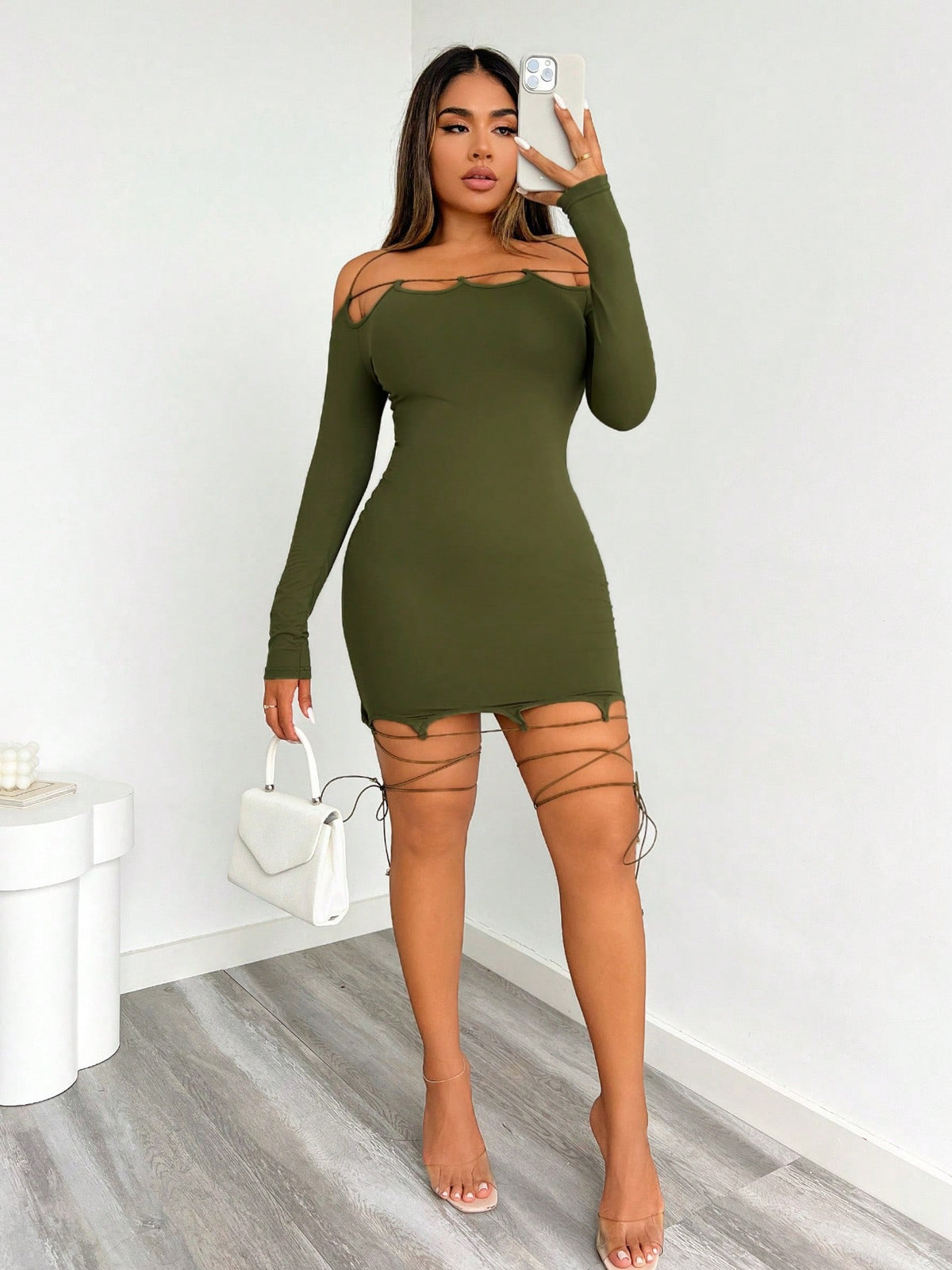 Sexy Halter Neck Hollow Out Tight Fitting Long Sleeve Bodycon Dress