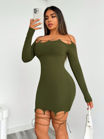 Sexy Halter Neck Hollow Out Tight Fitting Long Sleeve Bodycon Dress