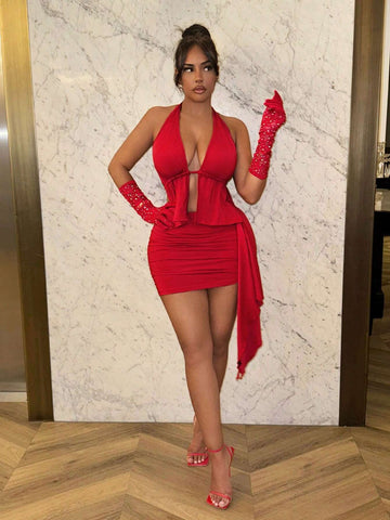 Sexy Halterneck Plunging Neckline Ruffled Hem Top & Skirt Two-Piece Set