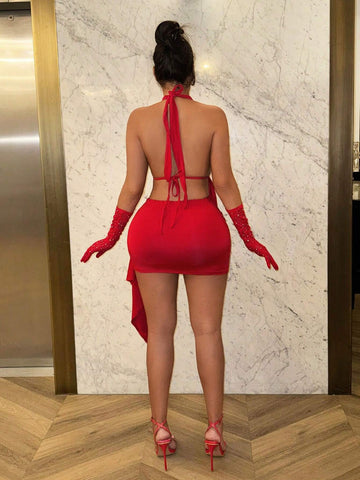 Sexy Halterneck Plunging Neckline Ruffled Hem Top & Skirt Two-Piece Set