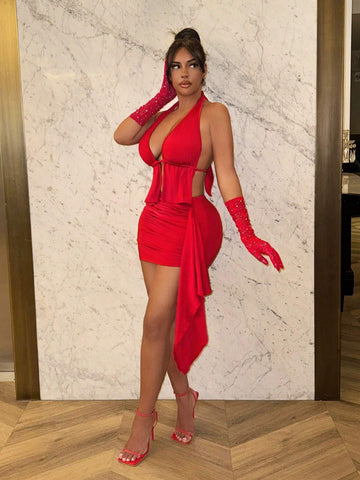 Sexy Halterneck Plunging Neckline Ruffled Hem Top & Skirt Two-Piece Set