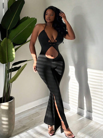 Sexy Hollow Out Long Jumpsuit With Side Slit For Women, Summer