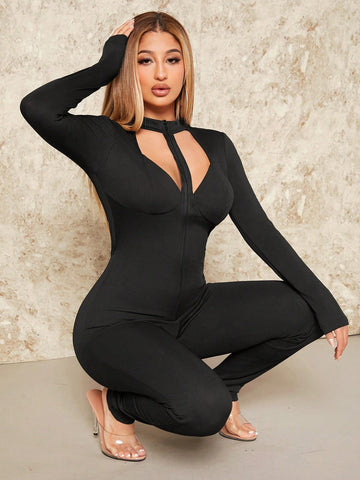Hollow Out Solid Color Women'S Bodysuit Jumpsuit For Clubwear