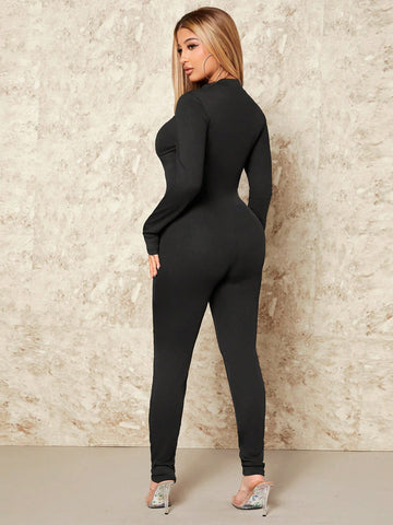 Hollow Out Solid Color Women'S Bodysuit Jumpsuit For Clubwear