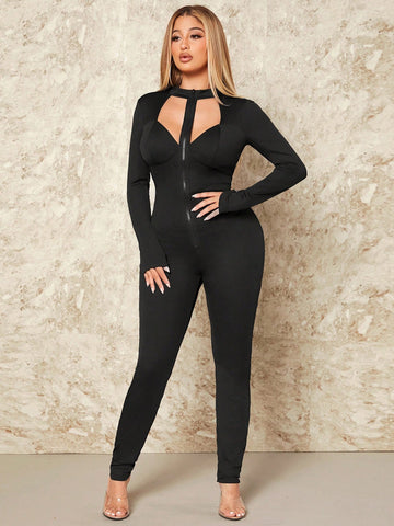 Hollow Out Solid Color Women'S Bodysuit Jumpsuit For Clubwear