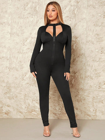 Hollow Out Solid Color Women'S Bodysuit Jumpsuit For Clubwear