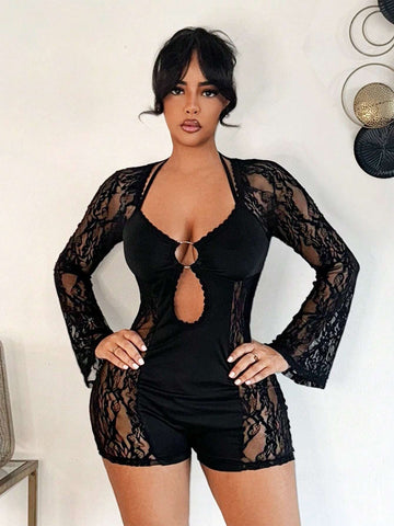 Sexy Lace Patchwork Sheer Halter Hollow Out Strappy Bodycon Jumpsuit