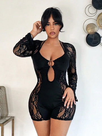 Sexy Lace Patchwork Sheer Halter Hollow Out Strappy Bodycon Jumpsuit