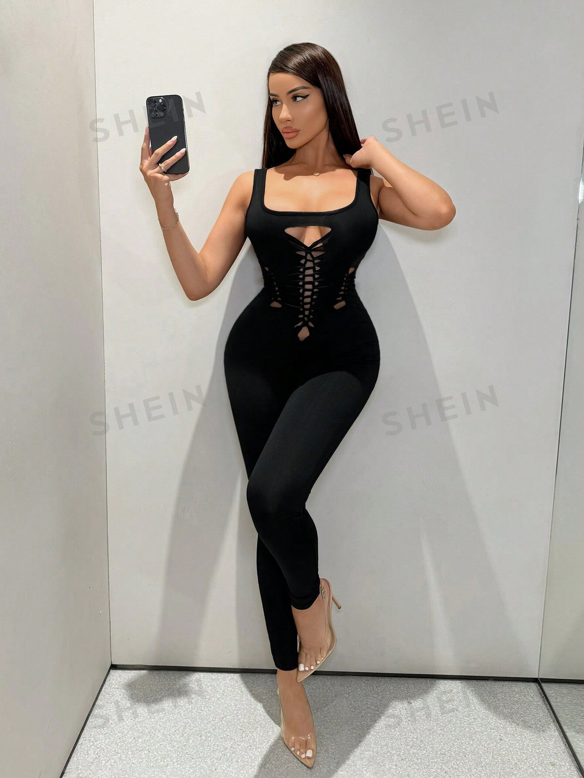 Sexy Music Festival Hollow Out Cutaway Tight Jumpsuit With Spaghetti Straps