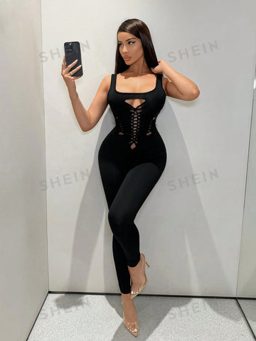 Sexy Music Festival Hollow Out Cutaway Tight Jumpsuit With Spaghetti Straps