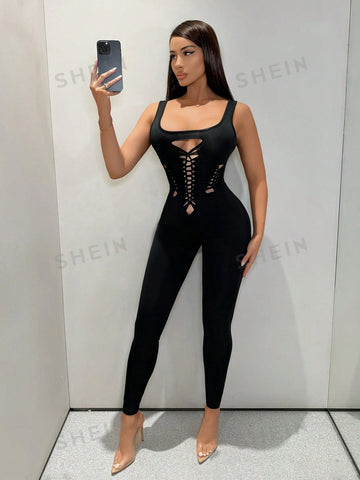 Sexy Music Festival Hollow Out Cutaway Tight Jumpsuit With Spaghetti Straps