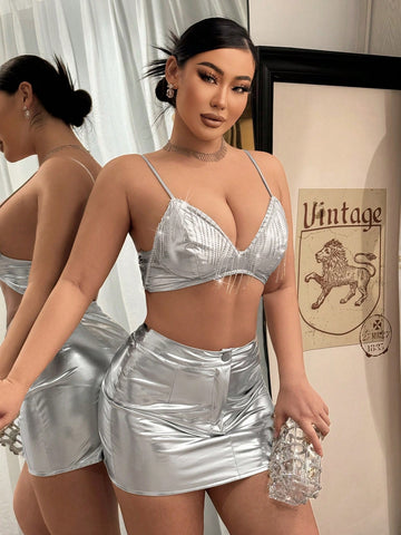 Sexy New Year Festival Party Diamond Chain Tassel Metallic Fabric Two-Piece Set