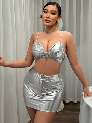 Sexy New Year Festival Party Diamond Chain Tassel Metallic Fabric Two-Piece Set
