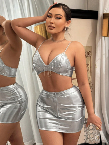 Sexy New Year Festival Party Diamond Chain Tassel Metallic Fabric Two-Piece Set