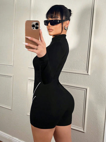 Sexy Outfit Club Sporty Letter Printed High Collar White Color Contrast Casual Street Fashion Women'S Short Bodycon Jumpsuit