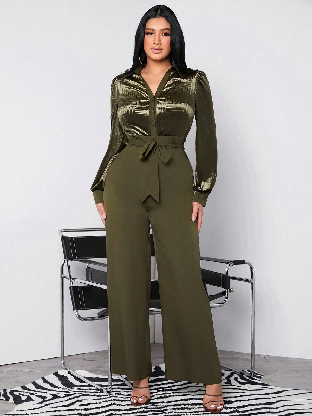 Outfits Club Jacquard Solid Color Splicing Long Sleeve Jumpsuit