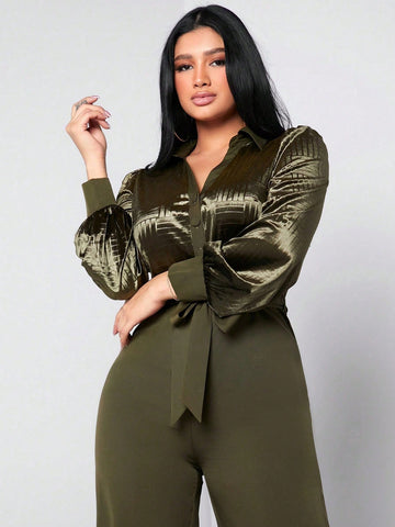 Outfits Club Jacquard Solid Color Splicing Long Sleeve Jumpsuit