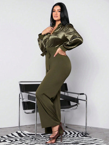 Outfits Club Jacquard Solid Color Splicing Long Sleeve Jumpsuit