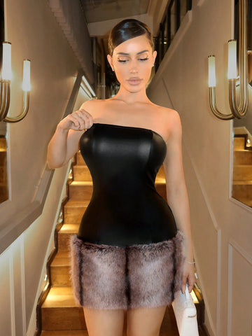 Sexy Party Cocktail Dress With Faux Fur Detail And Strapless, Black, For Autumn/Winter