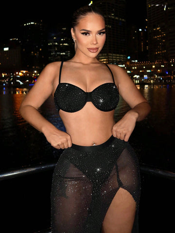 Sexy Rhinestone Mesh Perspective Spaghetti Strap Maxi Dress 2pcs/set