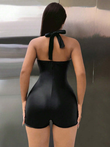 Sexy Solid Color Halter Backless Tight Jumpsuit With Hollow Out Design For Summer