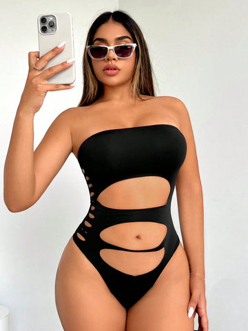 Sexy Strapless Bodysuit With Multiple Hollow-Out Design For Women