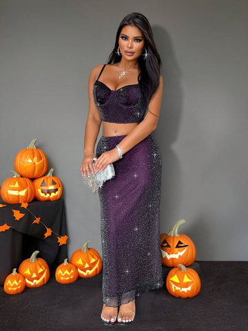 Shiny Mesh Contrast Color Spaghetti Strap Top And Mini Skirt 2 Piece Set, Halloween Outfit