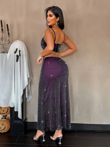 Shiny Mesh Contrast Color Spaghetti Strap Top And Mini Skirt 2 Piece Set, Halloween Outfit