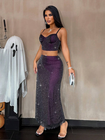 Shiny Mesh Contrast Color Spaghetti Strap Top And Mini Skirt 2 Piece Set, Halloween Outfit