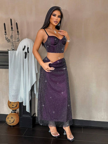 Shiny Mesh Contrast Color Spaghetti Strap Top And Mini Skirt 2 Piece Set, Halloween Outfit