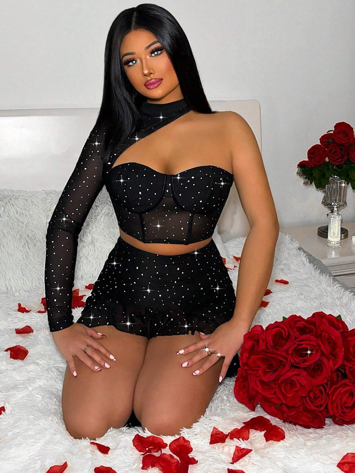 SXY Short Front Long Back Shiny Mesh Skirt