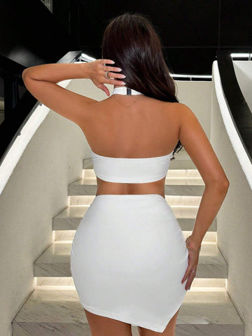 Short Halterneck Tops & Asymmetrical Hem Skirt With Buckles, Perfect For Summer Vacation