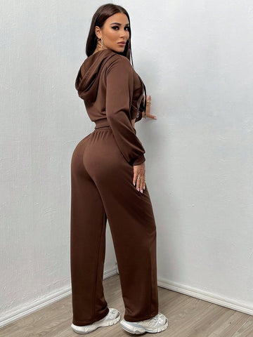 Short Zipper Hooded Sweatshirt And Pants Set