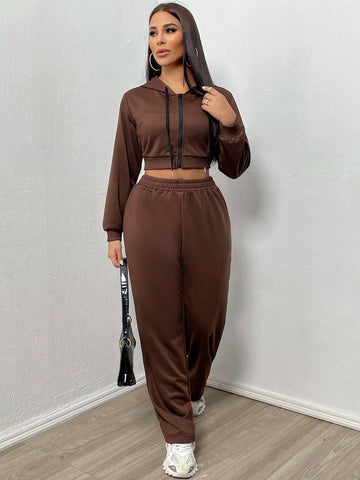 Short Zipper Hooded Sweatshirt And Pants Set