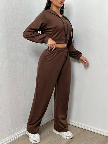 Short Zipper Hooded Sweatshirt And Pants Set