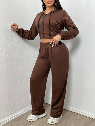 Short Zipper Hooded Sweatshirt And Pants Set