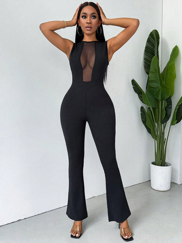 Sleeveless Round Neck Sheer Mesh Splice See-Through Pants Black Jumpsuit