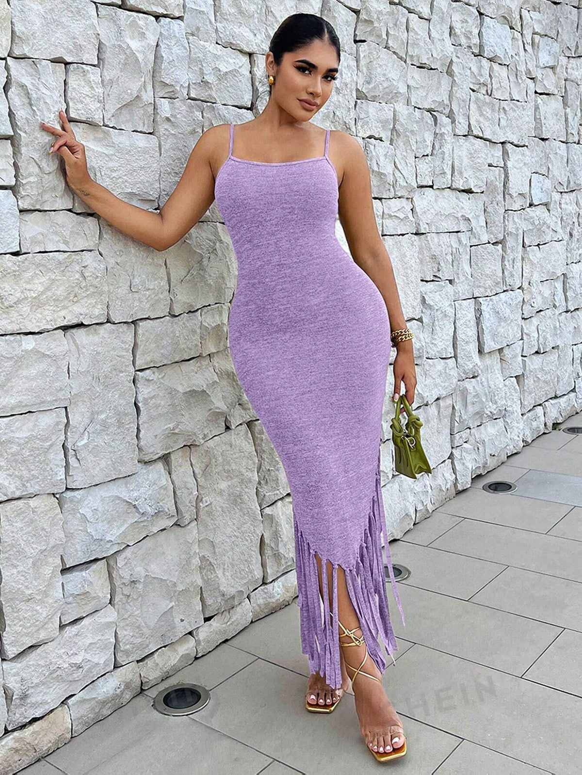 Sleeveless Spaghetti Strap Fringed Hem Bodycon Dress