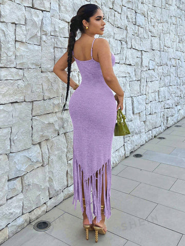 Sleeveless Spaghetti Strap Fringed Hem Bodycon Dress