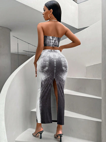 Slim Fit 2pcs Imitation Denim Printed Outfit