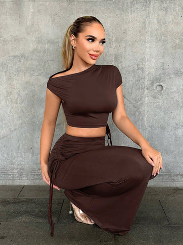 Solid Color Asymmetrical Collar Top And Skirt Set