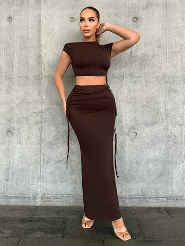 Solid Color Asymmetrical Collar Top And Skirt Set